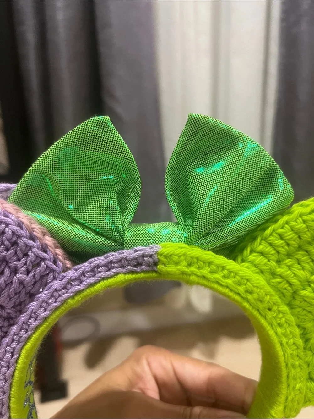 Handmade Crochet Kids Green Monster Headband with Purple Eye Accent